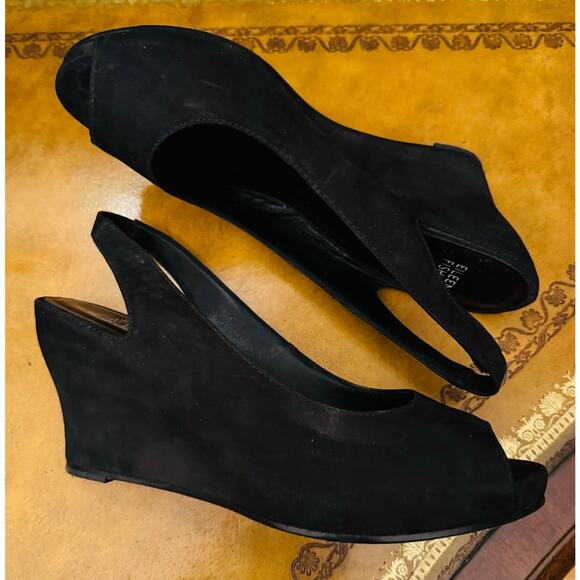 Eileen Fisher Women Black Suede Leather Wedge Peep Toe Slingbak Crescent Shoes 9 - Picture 4 of 12